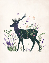 Deer silhouette with flowers and leaves in minimalist artistic composition