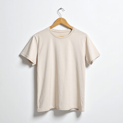 Beige t-shirt hanging on wooden hanger over white background