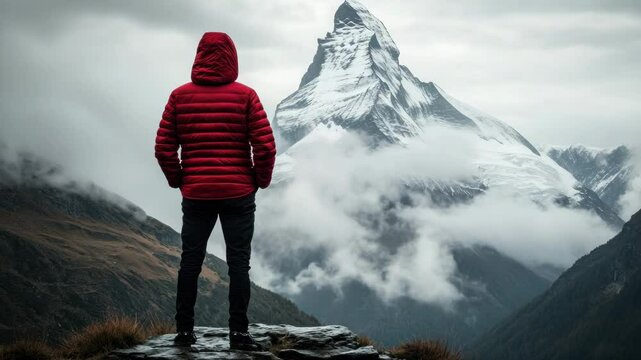 Red Jacket Hiker Gazing at Matterhorn Peak Through Clouds in Switzerland Video