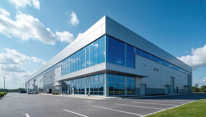 Obraz premium Modern warehouse office building exterior with parking lot against blue sky. Architecture facade with windows reflecting sky. Business office construction site. Commercial property storage logistics.