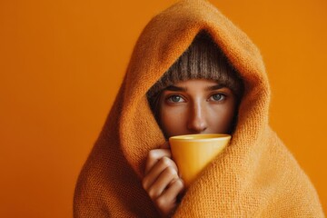 Woman Wrapped in a Warm Knit Blanket Holding a Hot Drink