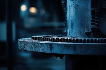 A close-up of a rusted, blue, industrial machine component, with visible gears in a dimly lit environment.