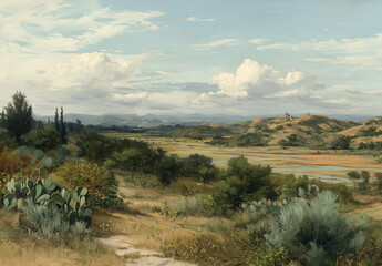 Oil Painting of Desert Landscape &ndash; Cactus, Moorland, Small Trees, Open Field, Rolling Hills, Soft Brush Strokes, Light Colors, Thomas Snell Style, Nature Scene, Pastel Tones, Tranquil Atmosphere