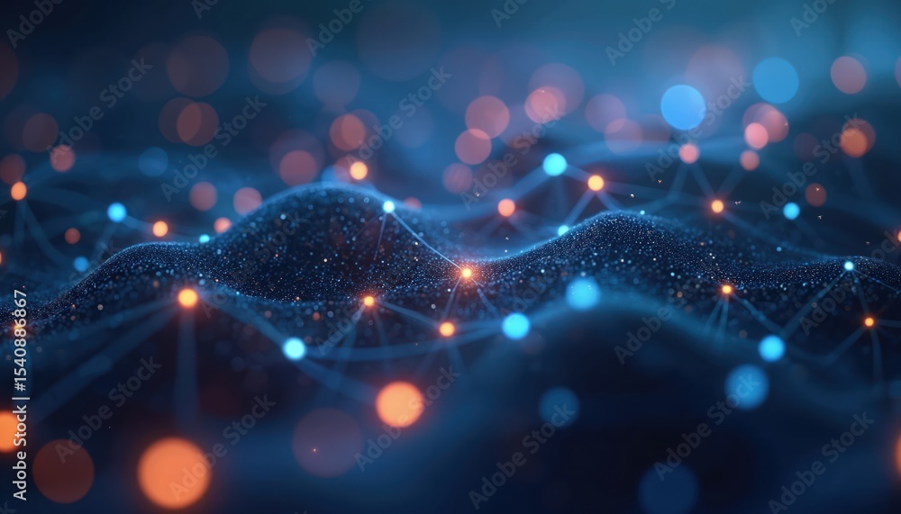 Poster Abstract digital illustration of connected dots lines concept of AI technology data flow. Modern tech network concept with moving lines dots. Digital cyberspace, future tech design background.