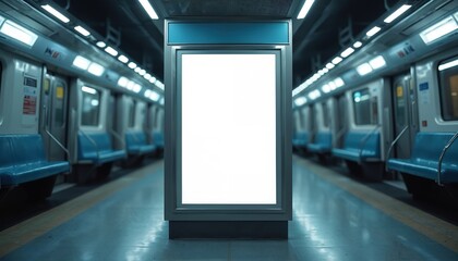 Blank movie poster mockup in subway station. Empty advertising space for film designs advertisements in busy urban environment. Metro, underground, public transport, modern city location. Cinematic