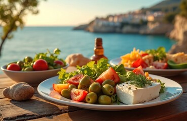 Delicious greek salad with tomatoes olives and feta cheese. Meal served on plate on wooden table at outdoor cafe. Sea view, summer vacation, mediterranean cuisine, healthy food.