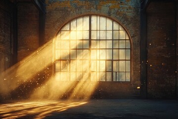 Sunlight streams through an arched window in a rustic brick warehouse illuminating dust motes and creating a dramatic effect.