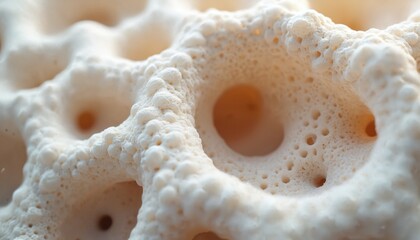 Close-up microscopic view of bone tissue structure showing porous, spongy interior with tiny cavities. Detailed render of bone cells, anatomical medical illustration, skeletal framework, matrix.