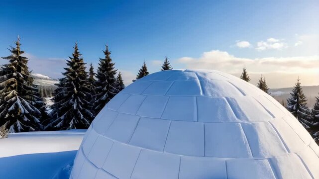 Snow Igloo in a Winter Forest with Snow-Covered Fir Trees and a Blue Sky, Representing Cold Weather and Arctic Survival