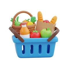 Blue Shopping Basket 3D Icon Groceries Vegetables Fruits Juice isolated on a transparent background