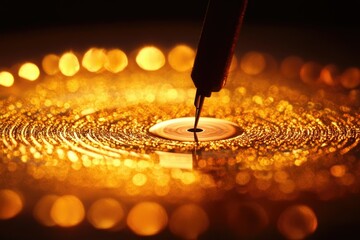 Close-up of a stylus playing a record on a turntable, illuminated with golden light, creating a dreamy atmosphere.
