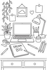 Dream Big Study Desk Scene &ndash; Inspirational Coloring Page for Kids and Teens