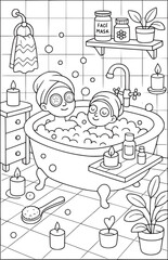 Mother and Daughter Spa Time in Bubble Bath – Relaxing Coloring Page for Kids and Families