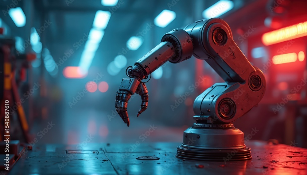 Aufkleber Robotic arm in factory. Industrial automation tech concept. Futuristic robot production line. Automated machine, cybernetic arm in modern plant. Artificial intelligence in manufacturing. Automated