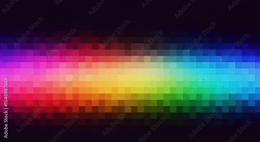 Poster gradient pixelated rainbow spectrum background displaying multicolor pixels in vivid shades for digi