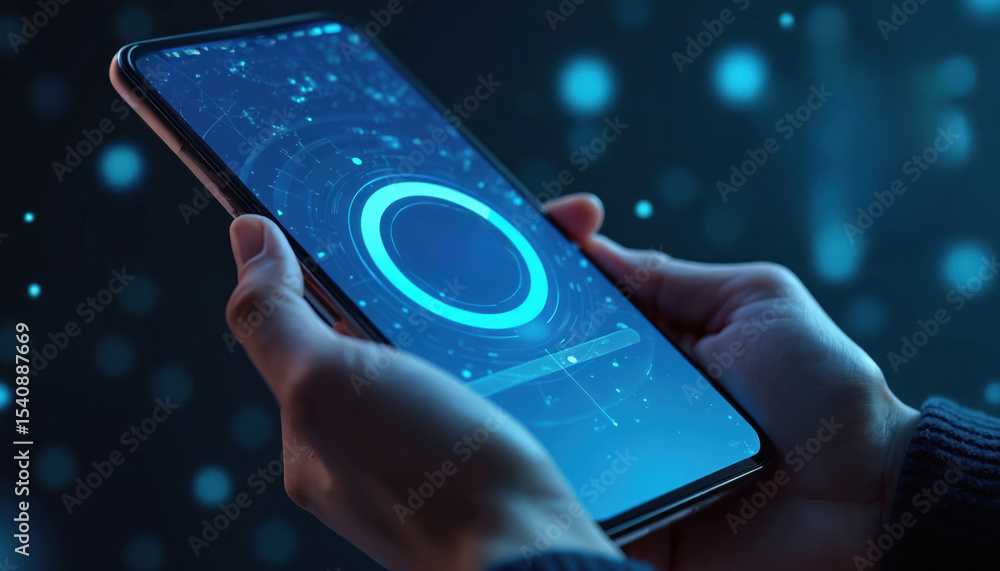 Poster Smartphone displays futuristic updating interface. Tech shows digital data streams. App software update, modern innovation progress. Hand holding phone with glowing light, dark background.