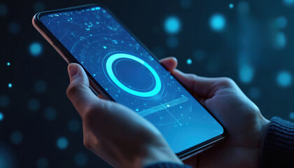 Smartphone displays futuristic updating interface. Tech shows digital data streams. App software update, modern innovation progress. Hand holding phone with glowing light, dark background.