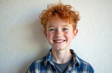 Happy red-haired boy smiles at camera. Cheerful child wearing plaid shirt poses near wall. Portrait of young caucasian schoolboy with red curly hair enjoys day outdoors.