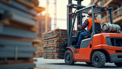 Forklift operator transports construction materials. Worker drives vehicle. Man wearing safety helmet, vest. Loading unloading process. Organized logistic at building site. Transportation of wooden