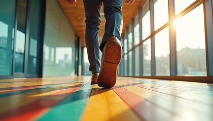 Businessman walking on colorful floor in modern office building. Professional in formal suit walks to achieve goal. Success corporate career concept. Sunlight shines through window. Bright design.