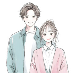 手描き風で描かれたパステルカラーカップルの幸せな表情