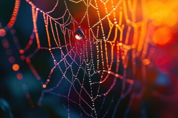 Close up of spiderweb with water droplets glowing in warm, magical light.