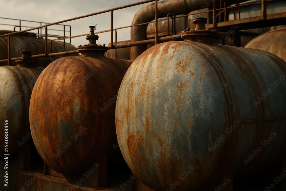 Poster a row of weathered and rusty industrial storage tanks, showcasing aging textures and colors, highlig