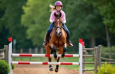 Zelfklevend Fotobehang Young girl jumps horse over obstacle during equestrian competition. Equestrian sport girl on thoroughbred horse in action. Training showjumping rider with horse outdoors in arena. © Pete