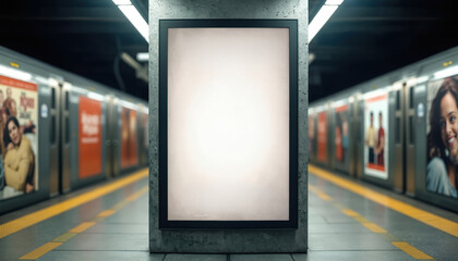 Blank movie poster mockup in subway station. Empty advertising billboard in underground. Mockup for movie poster, advertisement, ad, promotion, announcement. Blank advertising space on underground