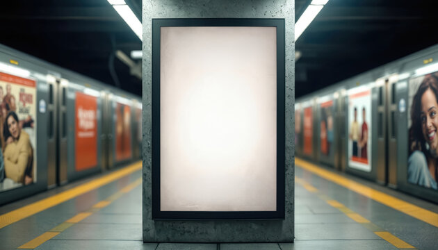 Blank movie poster mockup in subway station. Empty advertising billboard in underground. Mockup for movie poster, advertisement, ad, promotion, announcement. Blank advertising space on underground