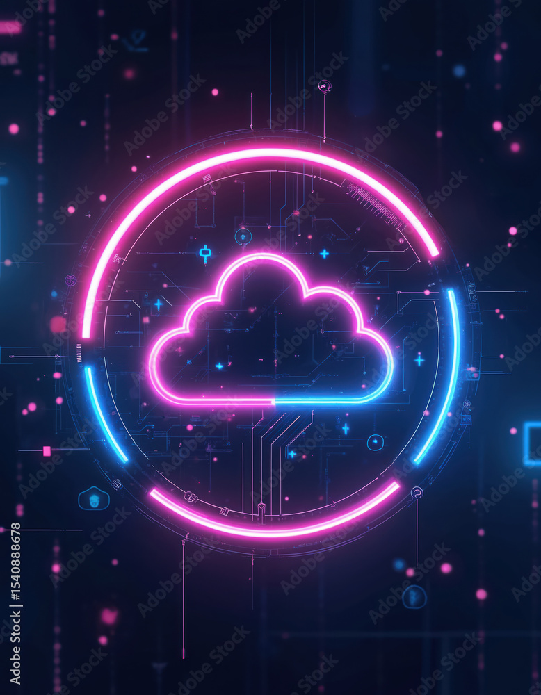 Poster vibrant neon cloud digital illustration. graphic representation of cloud symbol with neon colors dig