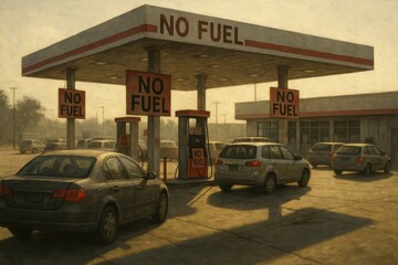 An abandoned gas station stands as a stark reminder of resource depletion, with cars lining up in vain, under a sky colored with the hues of environmental anxiety.