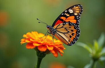 Fototapeta premium Bright butterfly on orange flower. Monarch butterfly, insect with orange, black, white patterns sits on flower. Wildlife in nature, summer day macro shot. Beautiful winged insect pollinating flower