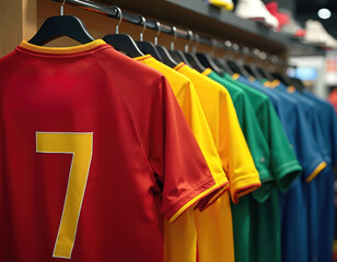 Colorful sport jerseys hang store display. Football, soccer shirts. Clothing apparel retail. Bright team uniforms on hangers, various sizes, modern shop interior.