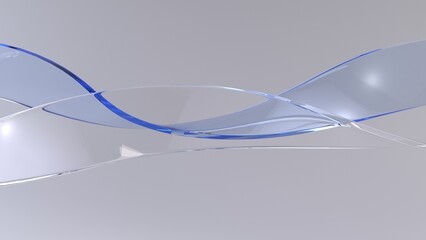 Elegant and beautiful blue and clear glass flowing abstract shapes - abstract motion shapes on light gray background - 3D Illustration