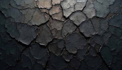 Abstract dark cracked texture art studio background. Close-up view of weathered surface. Intricate lines create unique visual concept. Design features dark environment with shades black grey.
