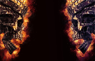 Ornate horned demon skulls on fire screaming at each other - graphic template