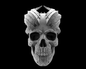 Demon skull with ornate horns - white demon skull on dark background