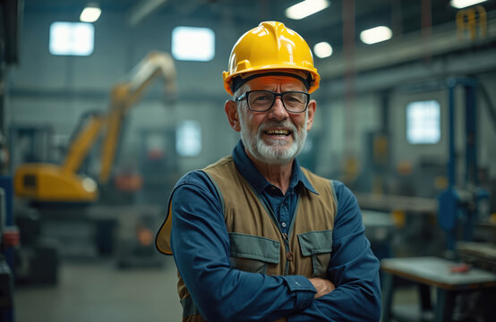 Portrait senior worker in factory. Happy smiling man with crossed arms wears hard hat safety glasses. Industrial workplace, manufacturing, construction. Confident male worker in production hall.