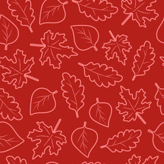 Red seamless pattern with various autumn leaves. Fall season background with oak and maple foliage for print.