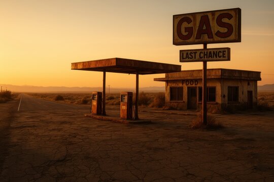 An abandoned gas station in the desert at sunset with the sign 'Last Chance' conveys a sense of isolation, nostalgia, and the passage of time on a desolate landscape.