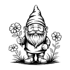 Vintage garden gnome holding a flower with joyful expression  