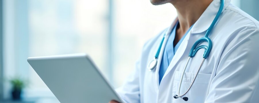 Doctor with stethoscope using tablet computer in modern clinic office. Health expert, medical professional with digital tech. Digital healthcare, telemedicine, online check-up service, health tech
