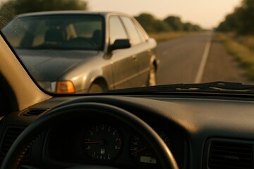 Obraz premium An interior view of a car, focusing on the dashboard and steering wheel, showing another vehicle parked on the side of a rural road during golden hour light.