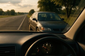 Fototapeta premium A driver's point of view of a broken down car on a country road, with low fuel indication on the dashboard, calling for roadside assistance, automotive breakdown.