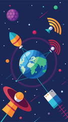Colorful space illustration featuring earth satellites planets and a retro rocket in outer space