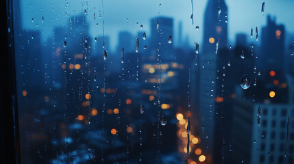 City in the Rain Seen Through Window – Blue Tone Urban Rainy Mood
