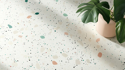 Minimal Terrazzo Background with Pastel Specks and Potted Plant – Modern Flat Lay Design