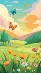 Naklejka premium Colorful summer landscape with butterflies flowers and sunshine in a sunny meadow