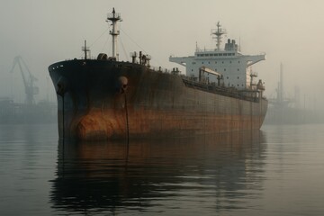 A large rusty oil tanker ship docked in a harbor on a misty, foggy morning, reflecting in the water, surrounded by industrial port infrastructure and a calm atmosphere.